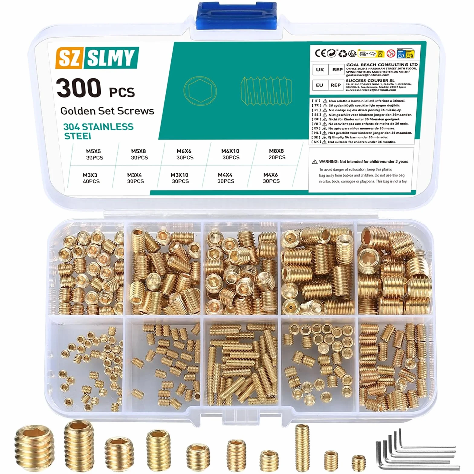 300 Pz Viti Senza Testa, M3/M4/M5/M6/M8 Grani Viti a Testa Esagonale, Viti per Legno, Viti a Brugola, Viti a Testa Esagonale Incassata per Maniglie Porte, Rubinetto, con 5 Chiave a Brugola