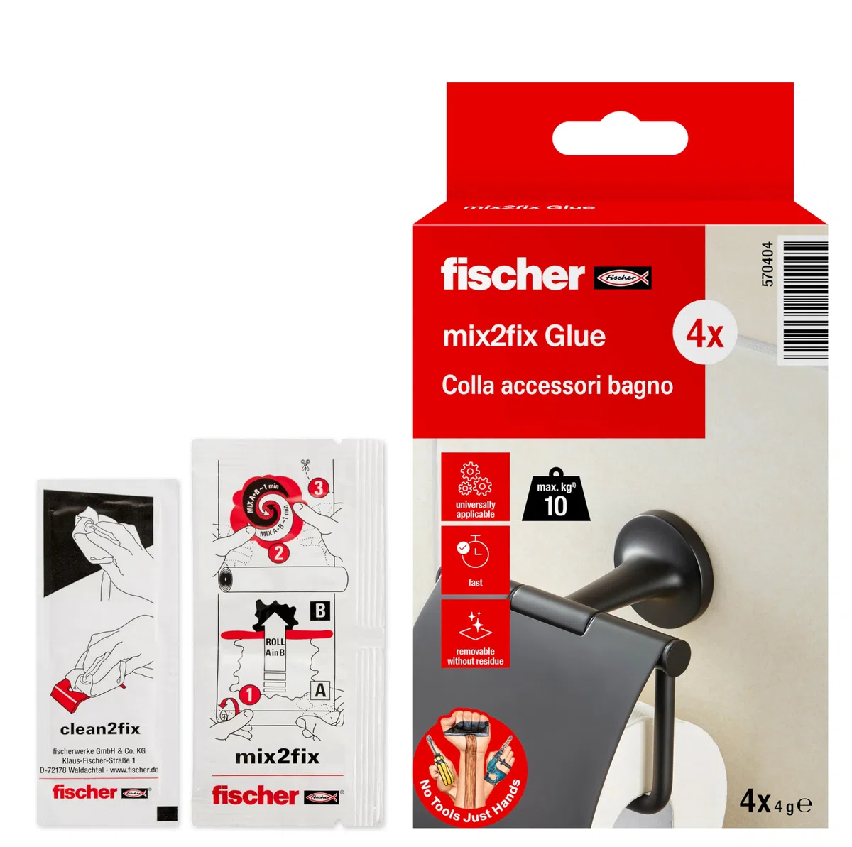 Fischer 4 Pz Colla Fissaggio Accessori Bagno su Piastrelle, Bicomponente, Senza Foratura, per Bagno e Cucina, Tenuta Affidabile, 4 bustine da 4g