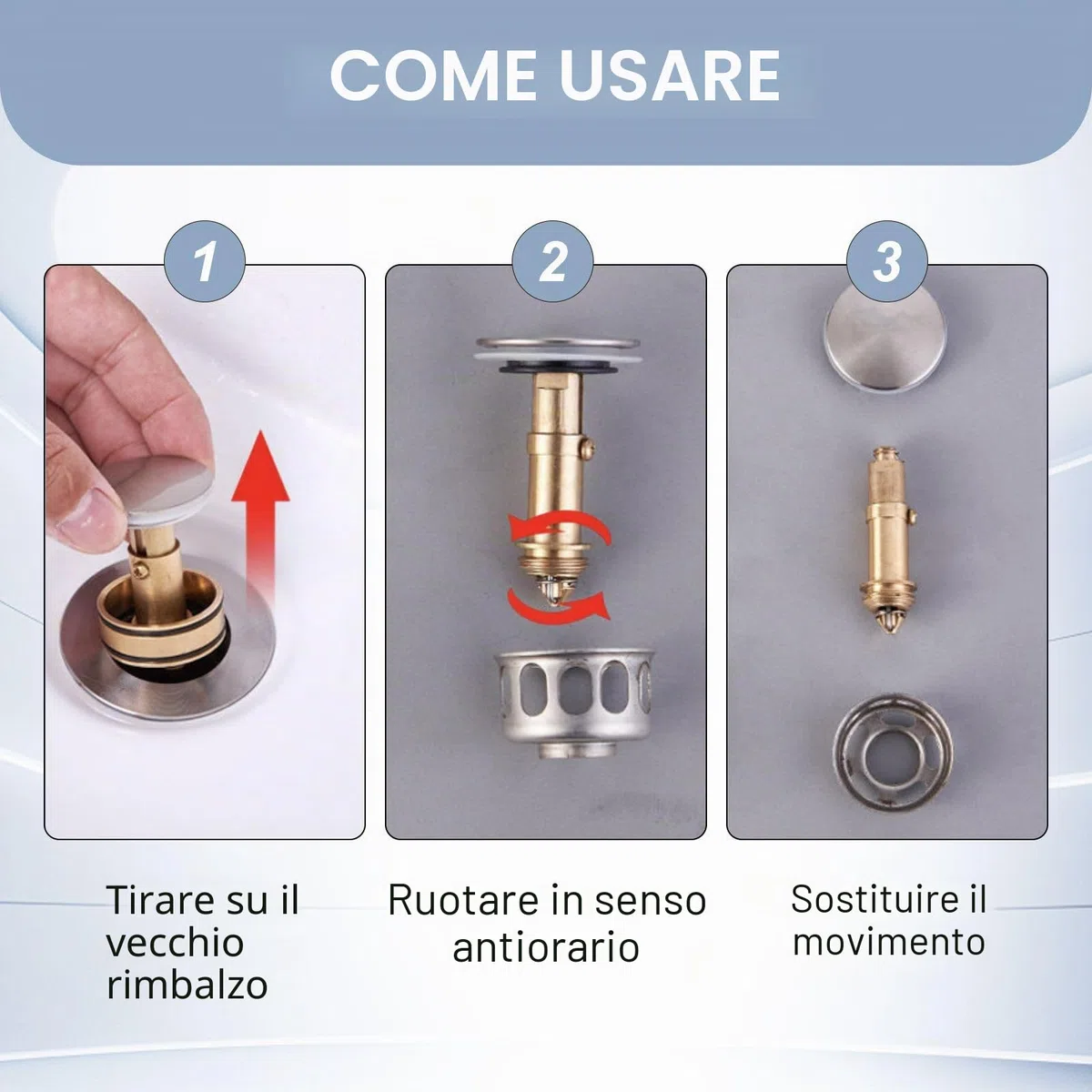 3 Pezzi Accessori per Lavelli Bullone, Valvole di Scarico Pop-Up Lavabi Click Clack Piletta Sostituzione Meccanismo, in Ottone, per la Maggior Parte dei Lavandini, Tappo di Scarico del Bacino