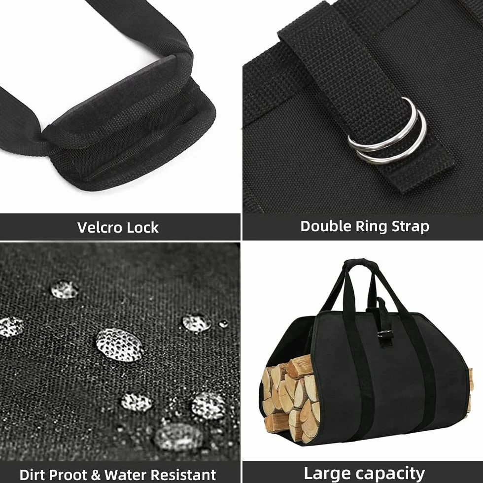 ZONSUSE Borsa per Legna da Ardere in Tela Impermeabile, Borsa Portatile per Legna, Sacca Pieghevole da Camino, Borsa porta Legna per Camino con Maniglie, per Stufe, Campeggio, Spiaggia (Nero)