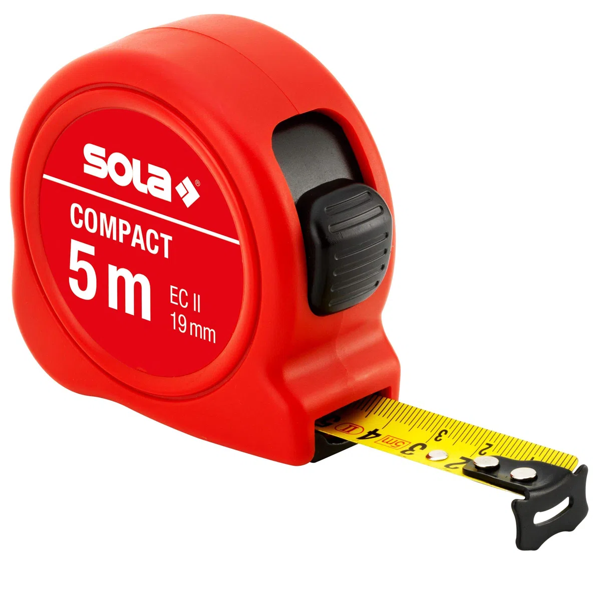 SOLA COMPACT – Metro a nastro 5 m/19 mm – Metro tascabile con clip per cintura – Nastro in acciaio laccato giallo con scala mm – Classe di precisione II – Metro con gancio terminale mobile – Lunghezza