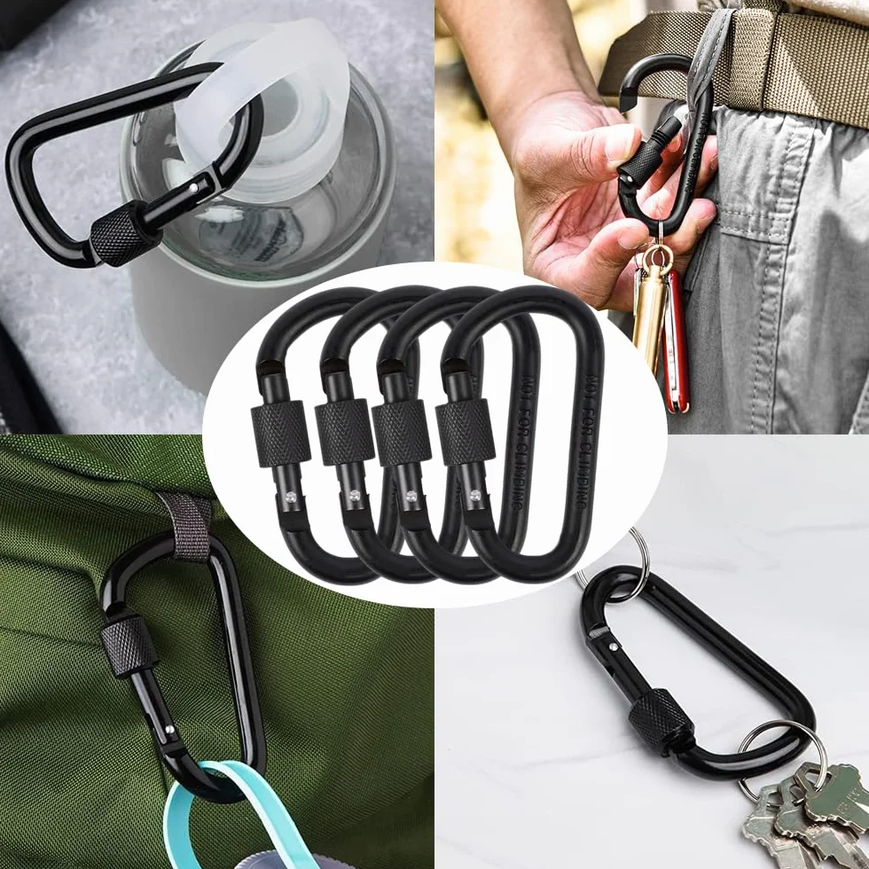 4PCS Piccolo Moschettone Nero - Clip per Mousqueton con Bloccaggio con Anello a D con Chiusura a Vite Clip per Moschettone in Lega di Alluminio Gancio per Portachiavi, Zaino, Portachiavi