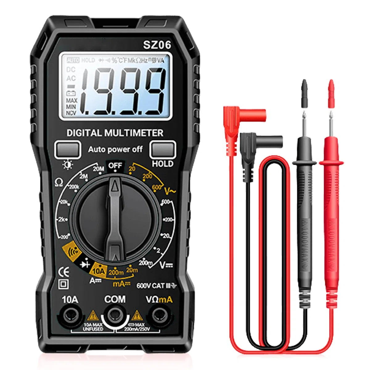 Multimetro digitale, tester di tensione 600 V, voltmetro, tester di continuità, tensione, misuratore di corrente con linee di misurazione per tensione AC/DC, corrente DC, passaggio, resistenza, diodo