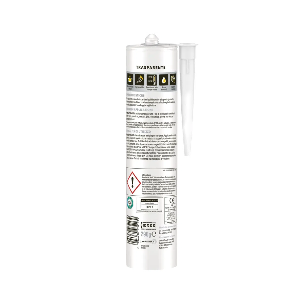 Pattex PRO 400 Crystal Adesivo Sigillante Ottimale per Vetri e Specchi, Adesivo di Montaggio di Qualità, Colla Potente per Molti Materiali, 1 Cartuccia da 290 g
