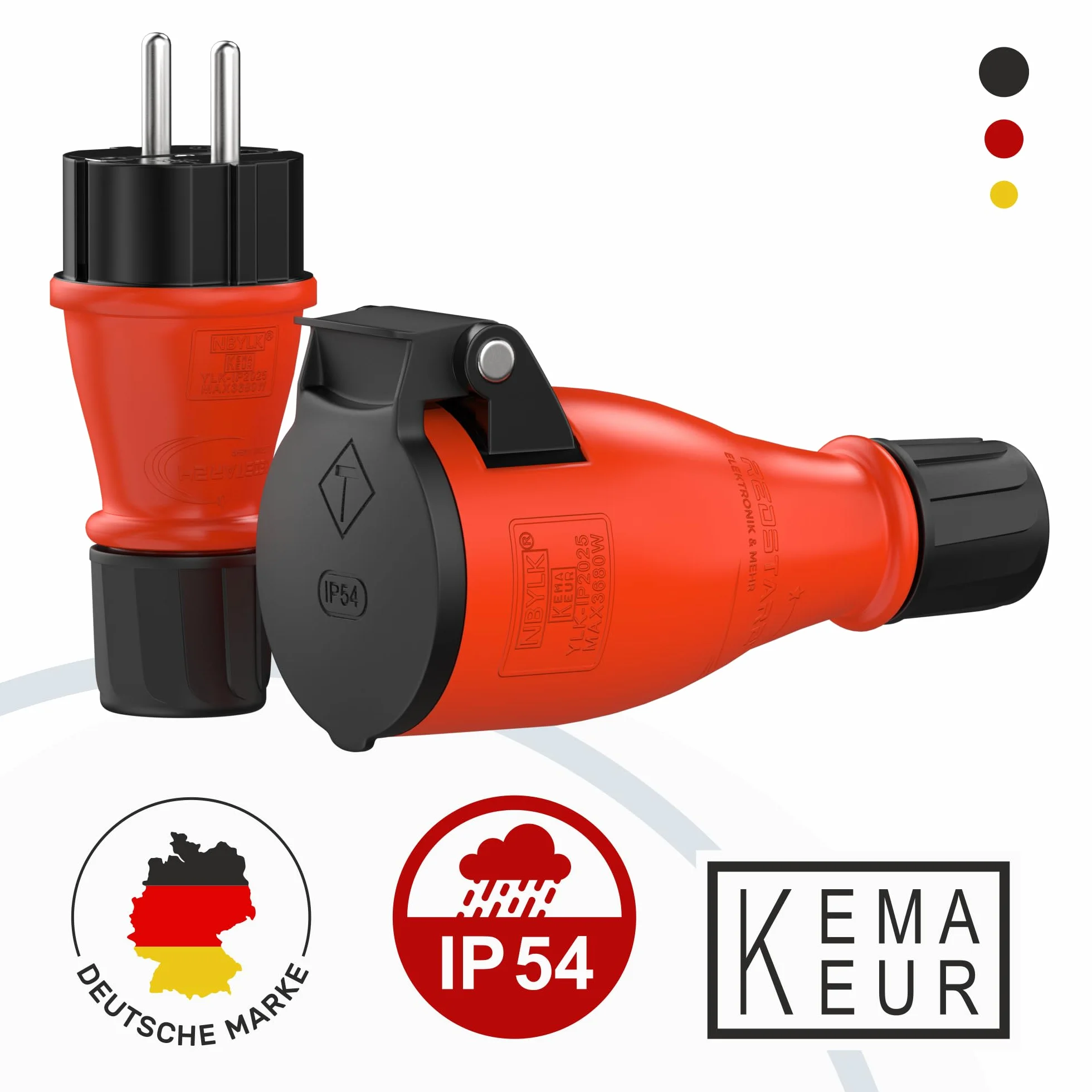 Set di spine e giunti in gomma Schuko / presa IP54 | Prolunga | gomma e plastica | per esterni / esterni | chiusura ermetica con sigillo, azionamento a una mano (Set, IP54)