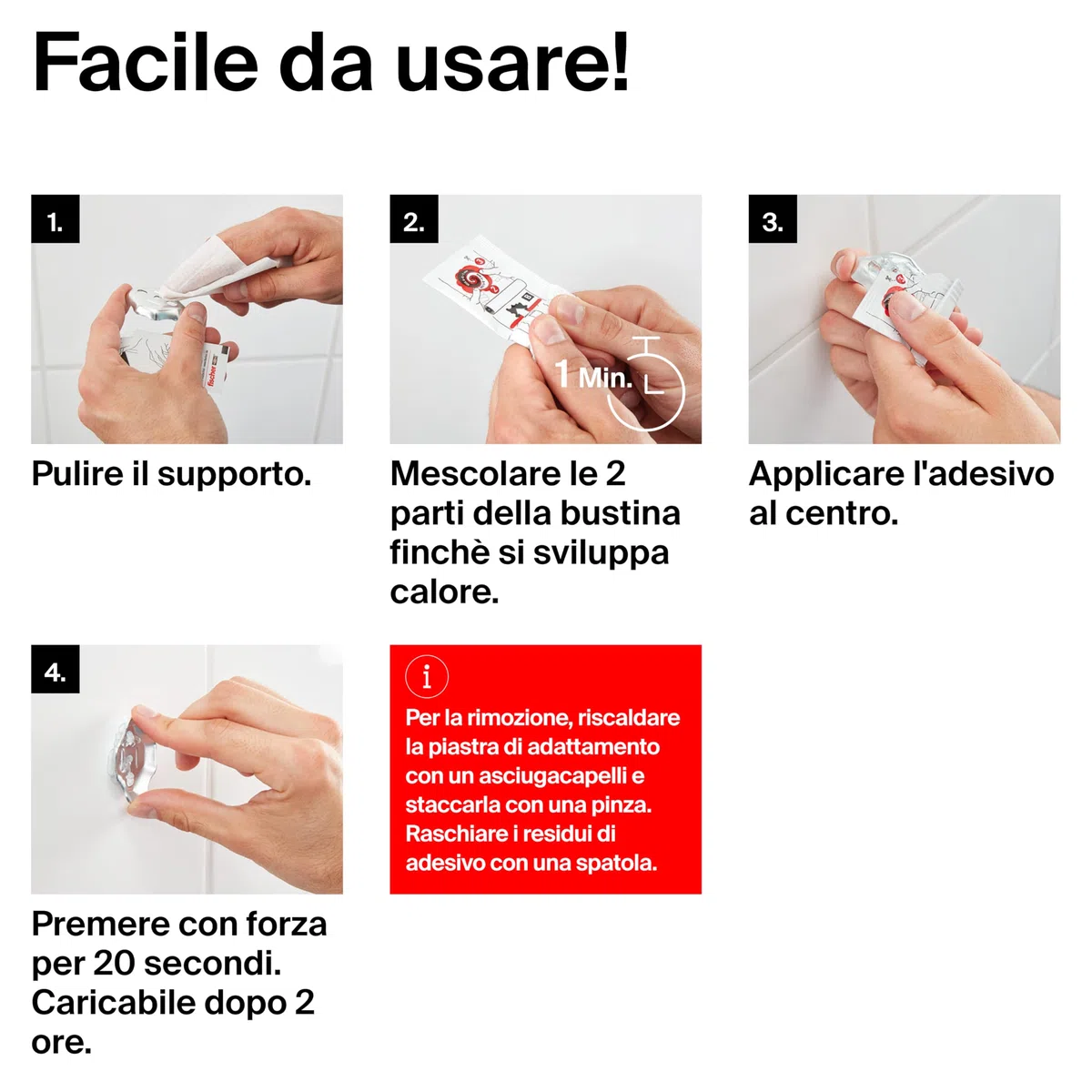 Fischer 4 Pz Colla Fissaggio Accessori Bagno su Piastrelle, Bicomponente, Senza Foratura, per Bagno e Cucina, Tenuta Affidabile, 4 bustine da 4g