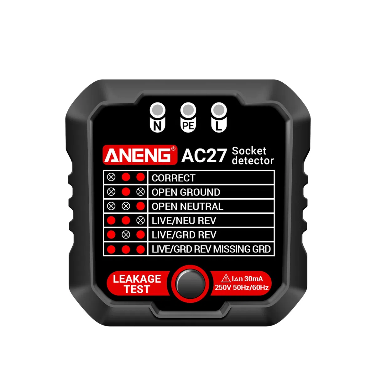 Jemora Tester per prese 250V Tester per prese di rilevamento rapido Rilevatore di prese Rilevatore di perdite Spina Polarità Linea di terra Rilevatore di tensione di polarità del circuito elettrico