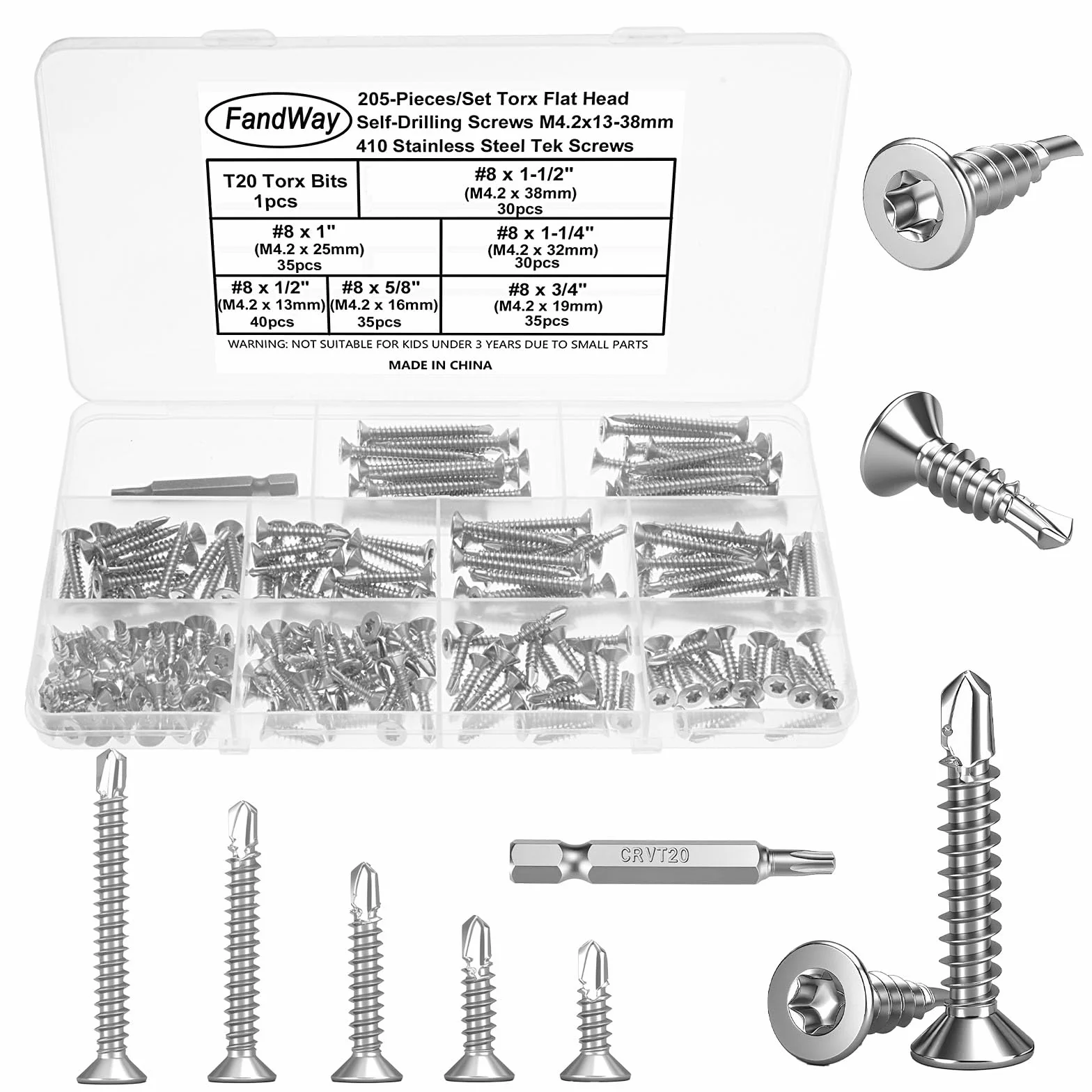 205 viti autofilettanti Torx, viti autofilettanti a testa svasata M4,2 x 13 ~ 38 mm, testa piatta in acciaio inox 410 viti autofilettanti in metallo, assortimento con 1 punte TX20.