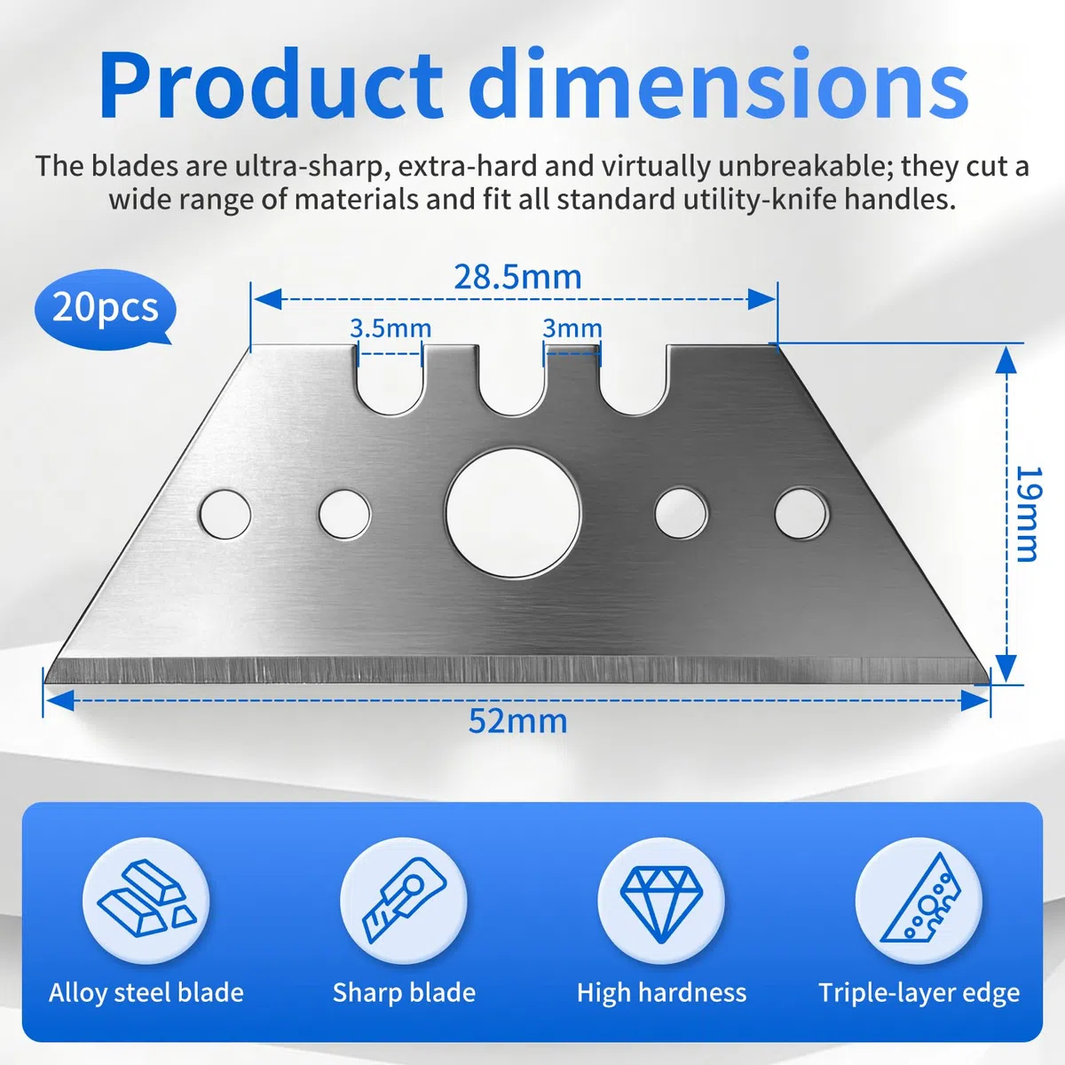 Lame per Cutter Trapezoidali 52mm - Set da 20 Lame Trapezoidali di Ricambio per Cutter con 2 Protezione per Dito, Adatto per Tagliare Tappeti, Plastica, Cuoio e Cartone, Perfetto per Uso Domestico
