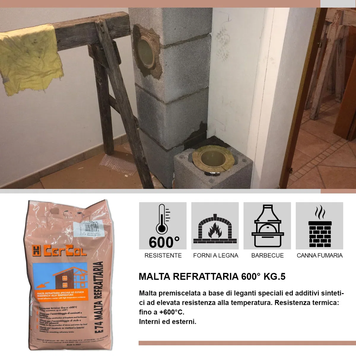 MASTERBRICO Cemento Refrattario Alta Temperatura 5 kg Grigio – Malta Resistente Fino a 600°C per Forni a Legna, Barbecue, Caminetti, Stufe – Pronto all’Uso per Lavori in Muratura
