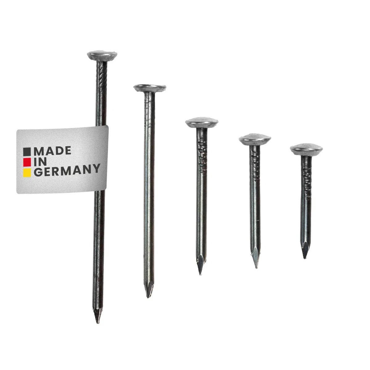 RIKAMA® - 100 Chiodi in Acciaio Temprato per Cemento, Mattoni, Gesso e Legno - Made in Germany (Argento Con Supporto, Mix di 100)