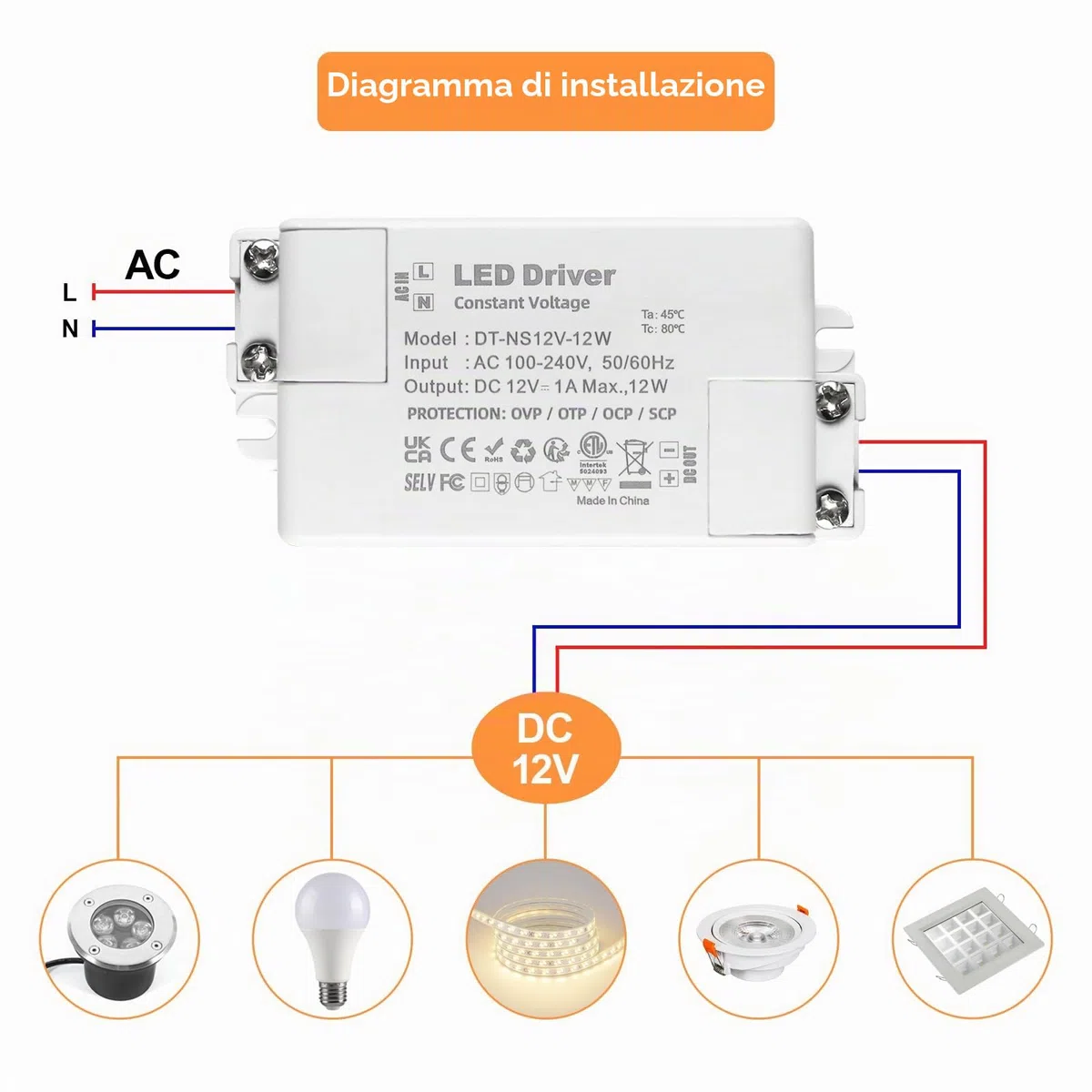 Trasformatore 220V 12v 12w, Alimentatore 12v 1 A, Trasformatore LED AC a DC, led driver 12 V, per G4, GU5.3, MR11, MR16, Lampade LED, Non dimmerabile, non sfarfallante, non rumoroso