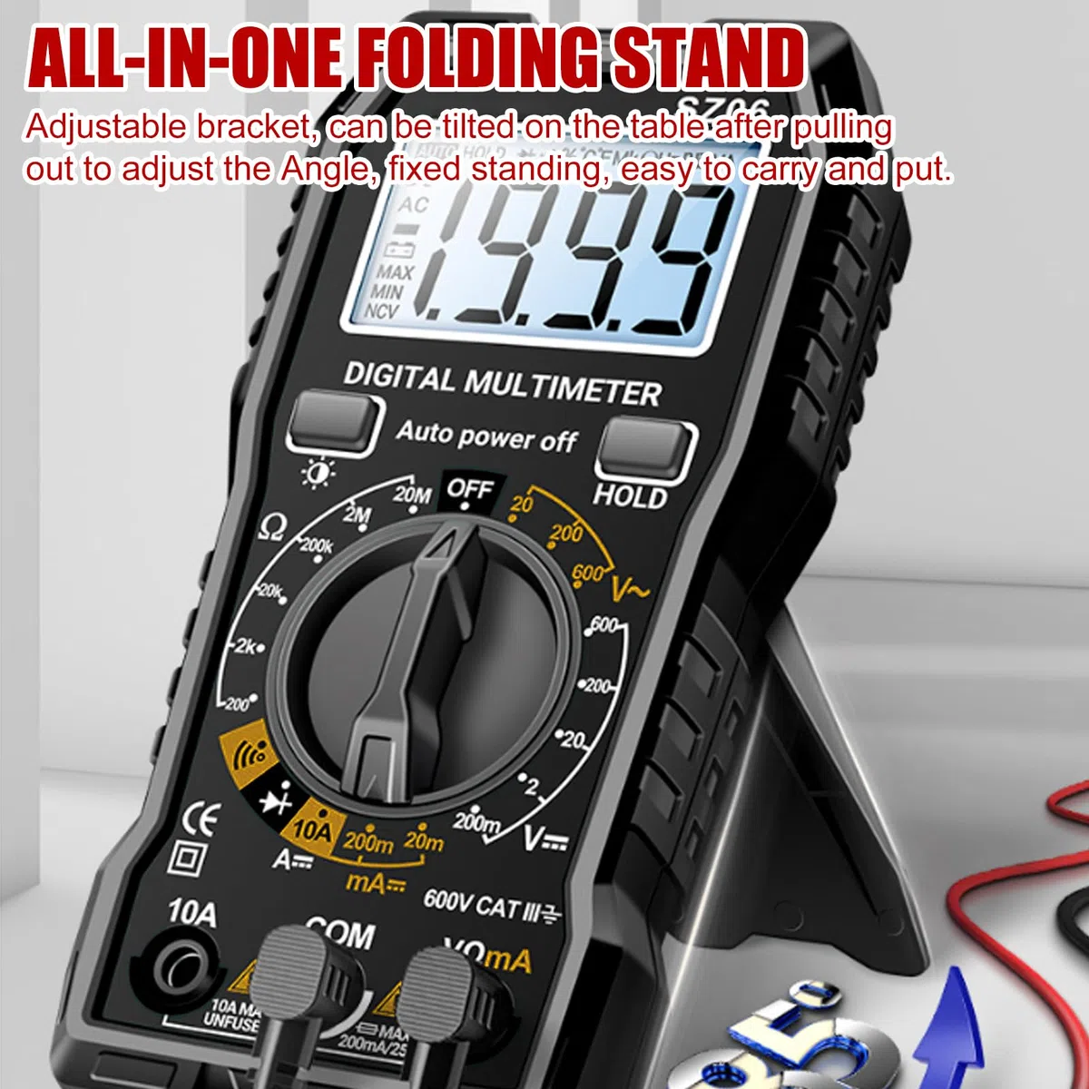 Multimetro digitale, tester di tensione 600 V, voltmetro, tester di continuità, tensione, misuratore di corrente con linee di misurazione per tensione AC/DC, corrente DC, passaggio, resistenza, diodo