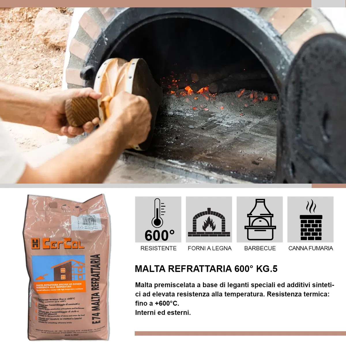 MASTERBRICO Cemento Refrattario Alta Temperatura 5 kg Grigio – Malta Resistente Fino a 600°C per Forni a Legna, Barbecue, Caminetti, Stufe – Pronto all’Uso per Lavori in Muratura