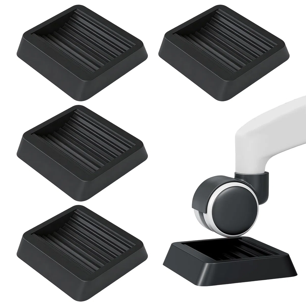 4 Pezzi Coppe Bloccaruote in Gomma per Mobili, 8CM Quadrato Scanalato Design Blocca Ruote Sedia Gaming, Piano Caster Cups, Silenziosi Cuscini per Ruote Mobili, Letti, Divani e Sedie (Nero)