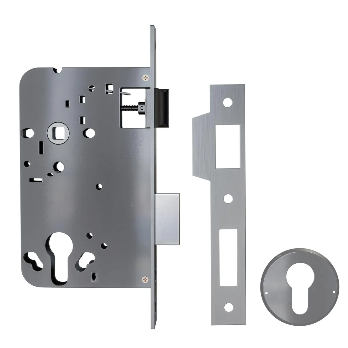 Amig - Serratura da incasso per porte in legno | Entrata: 60mm | Quadrello - Foro: 70mm | Quadro: 8mm | Cilindro a profilo europeo | Con bocchette e riduttore: 6mm | Acciaio inossidabile opaco