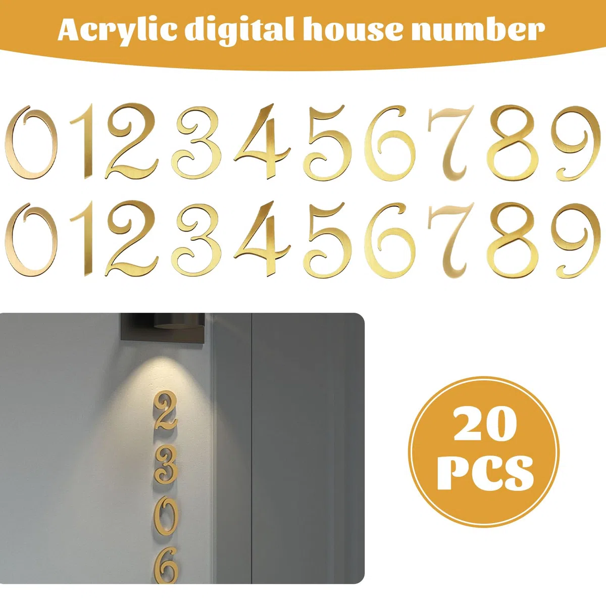 20 Pezzi Numeri Adesivi Numero Civico Esterno, Numeri 3D 5cm per Cassetta Postale 0-9, Creativi Adesivi Indirizzo Dorati per Porta, Adatti per Appartamento Casa e Ufficio