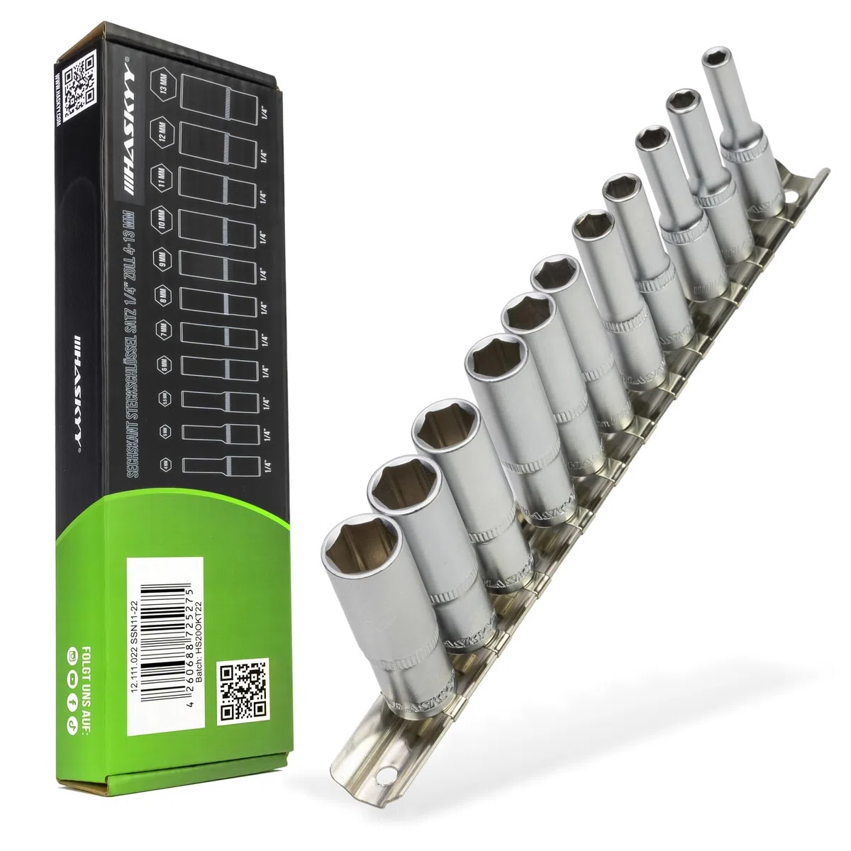HASKYY Set di chiavi a bussola lunghe da 1/4", esagonali, 4 – 13 mm, set di dadi a 6 punti, Argento