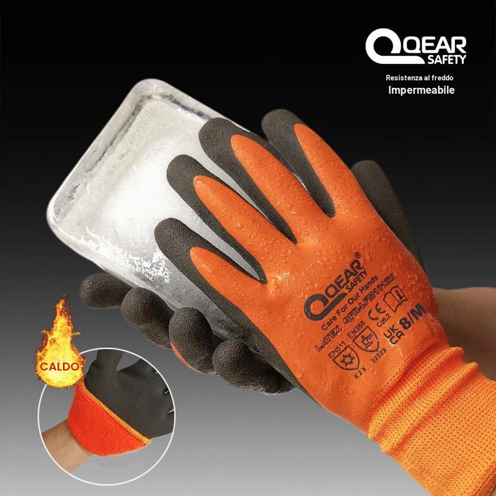 1 Paio Guanti da lavoro termici, resistenti al freddo e all'acqua, completamente rivestiti in lattice, palmo zigrinato per una migliore presa, L, Arancione.,