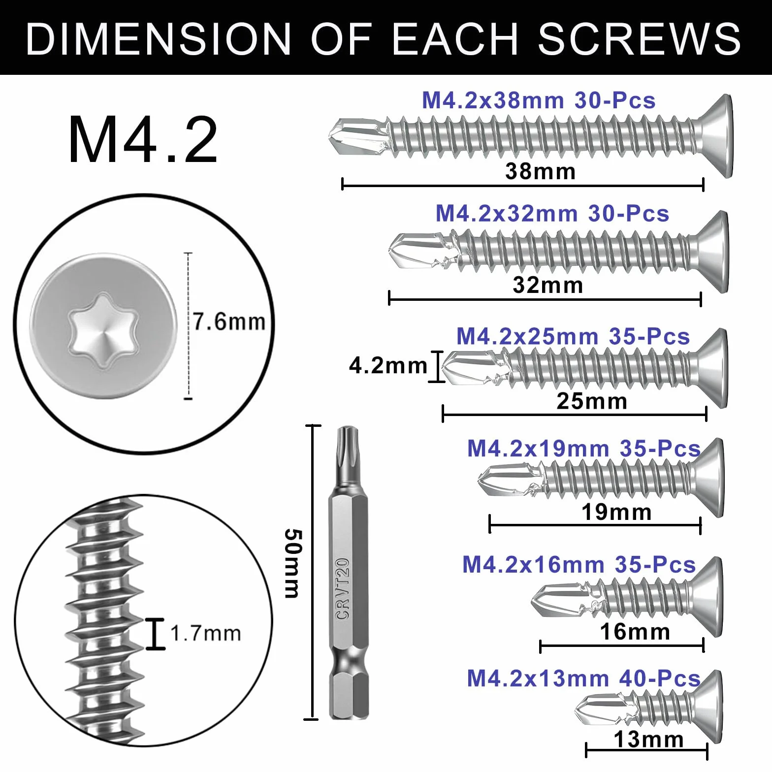205 viti autofilettanti Torx, viti autofilettanti a testa svasata M4,2 x 13 ~ 38 mm, testa piatta in acciaio inox 410 viti autofilettanti in metallo, assortimento con 1 punte TX20.