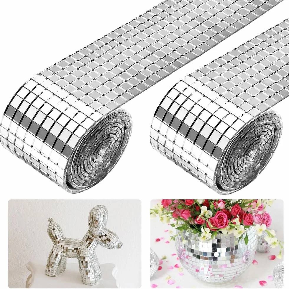 2 Rotoli di Piastrelle a Specchio in Vetro a Mosaico,3200 Pz Mini Piastrelle di Vetro Autoadesive di Mosaico,Piazza di Vetro Specchi a Mosaico per Decorazioni Fai Da Te (Argento, 5 x 5 mm)