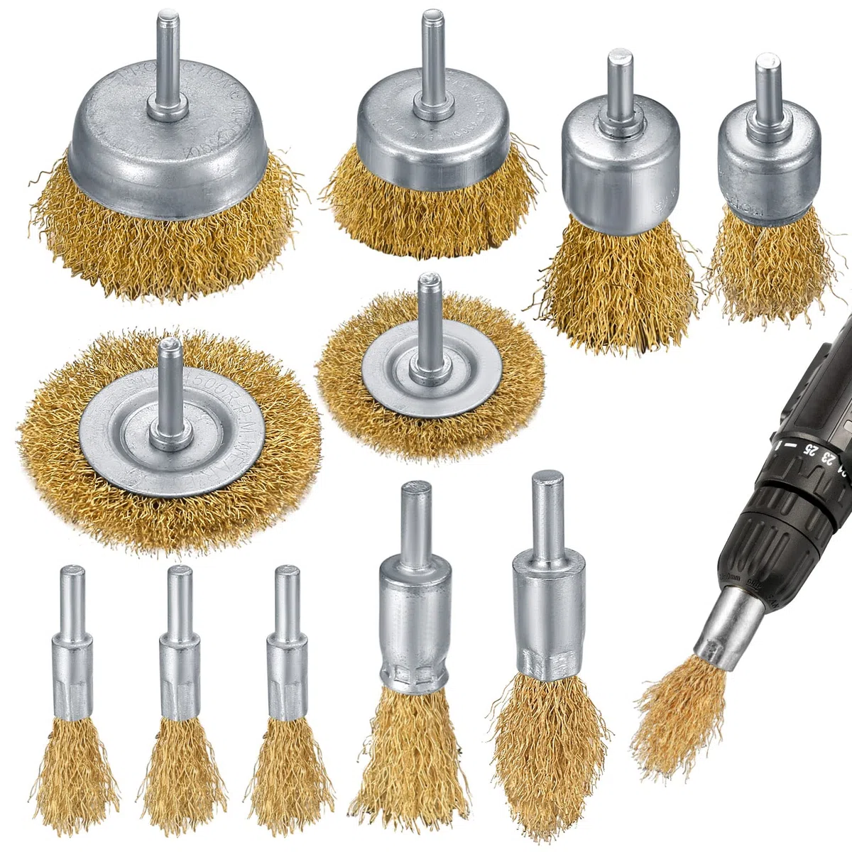 11 Pezzi Spazzole Metalliche per Trapano, Spazzola Ottone a Tazza per Ruggine Metallo Legno Trapano Smerigliatrice con 1/4 Pollice Gambo Filo Acciaio per Rimozione Ruggine/Corrosione/Vernice