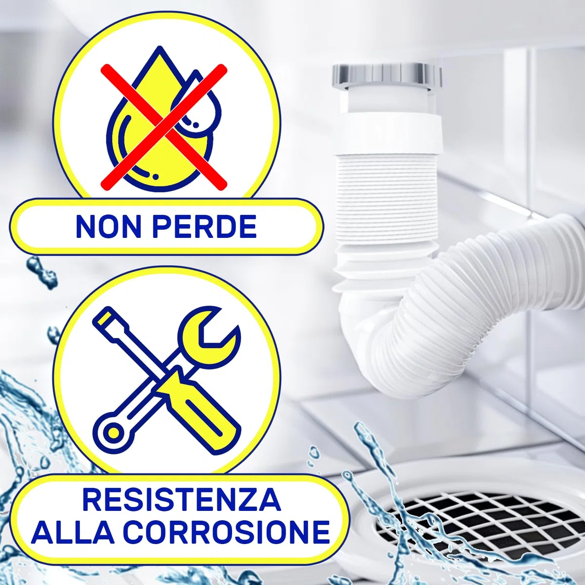 Flessibile Sifone Lavandino Cucina Lavandino Bagno e Bidet Dimensioni 1 1/2" x 40 mm Completo di Dado in Ottone e O-ring - Garanzia di 10 Anni - MONTERAL