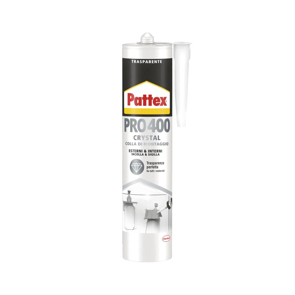 Pattex PRO 400 Crystal Adesivo Sigillante Ottimale per Vetri e Specchi, Adesivo di Montaggio di Qualità, Colla Potente per Molti Materiali, 1 Cartuccia da 290 g