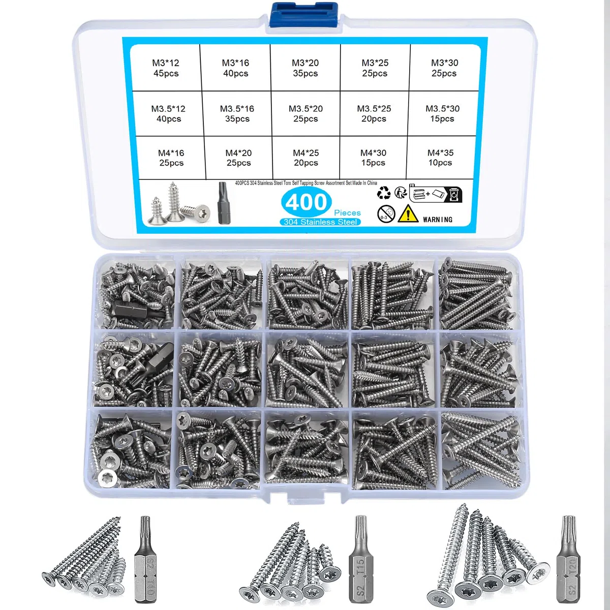 400 Pezzi Viti Autofilettanti, Viti Autoperforanti Torx a Testa Svasata in Acciaio Inossidabile, Viti per Cartongesso Legno con Punte da Trapano - M3/M3.5/M4, 12mm/16mm/20mm/25mm/30mm/35mm (Argento)