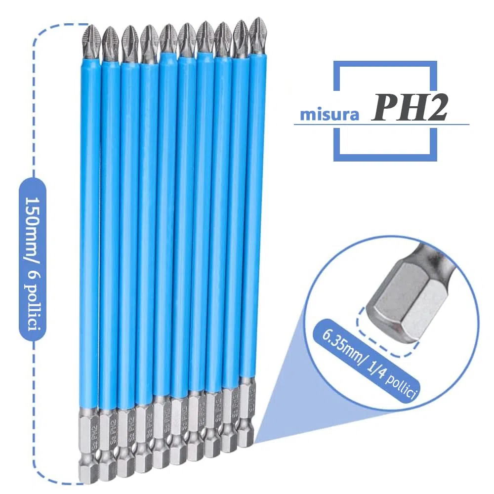 Mesee 10Pz Punte Cacciavite a Croce PH2 da 150mm Punte Cacciavite Phillips ad Impatto Punte da Avvitamento Antiscivolo Punta Esagonale in Acciaio S2 per Cacciaviti Avvitatori Trapani Elettrici
