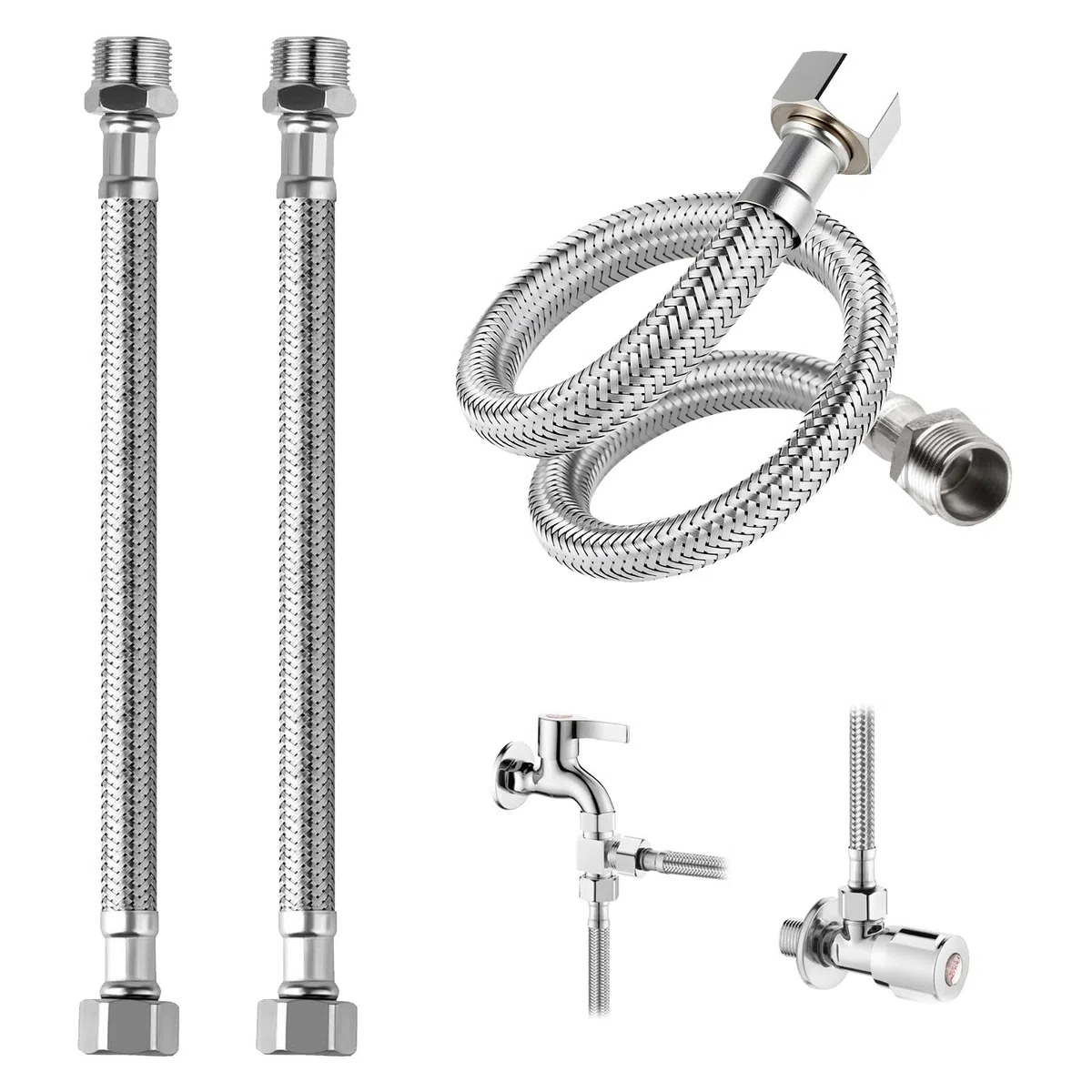 2 tubi flessibili da 3/8 pollici (60 cm: 30 + 30 cm), tubo corazzato in acciaio inox 304 con filettatura/filettatura esterna, flessibile per rubinetto, valvola angolare, cassetta di