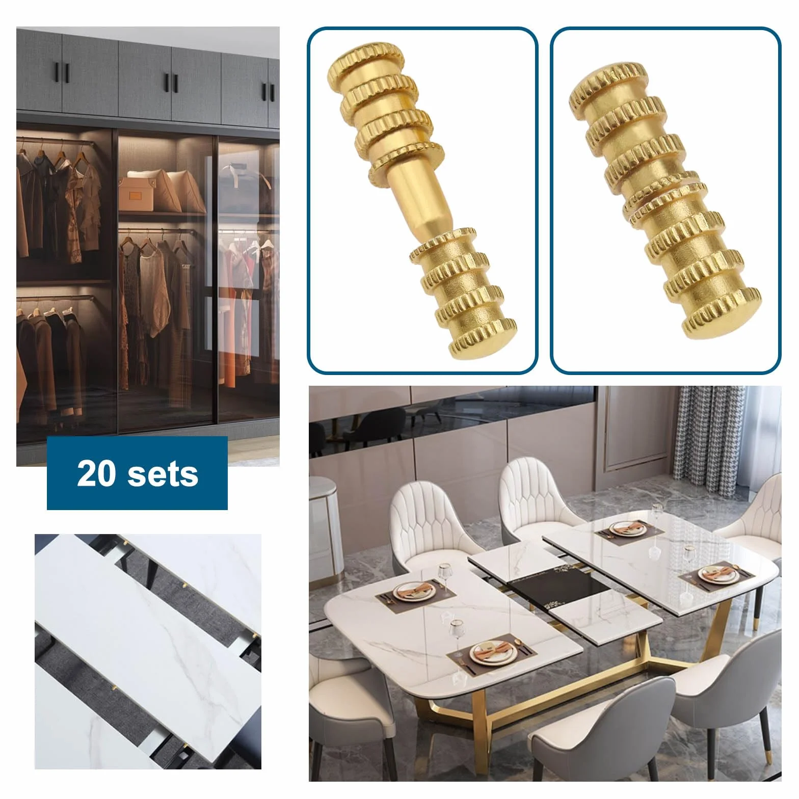 20 connettori a manicotto per bulloni da tavolo, set di punte di precisione in rame, per tavolo da pranzo, perni per tasselli per mobili in legno, armadietti, sedie da tavolo, 8 x 28 mm