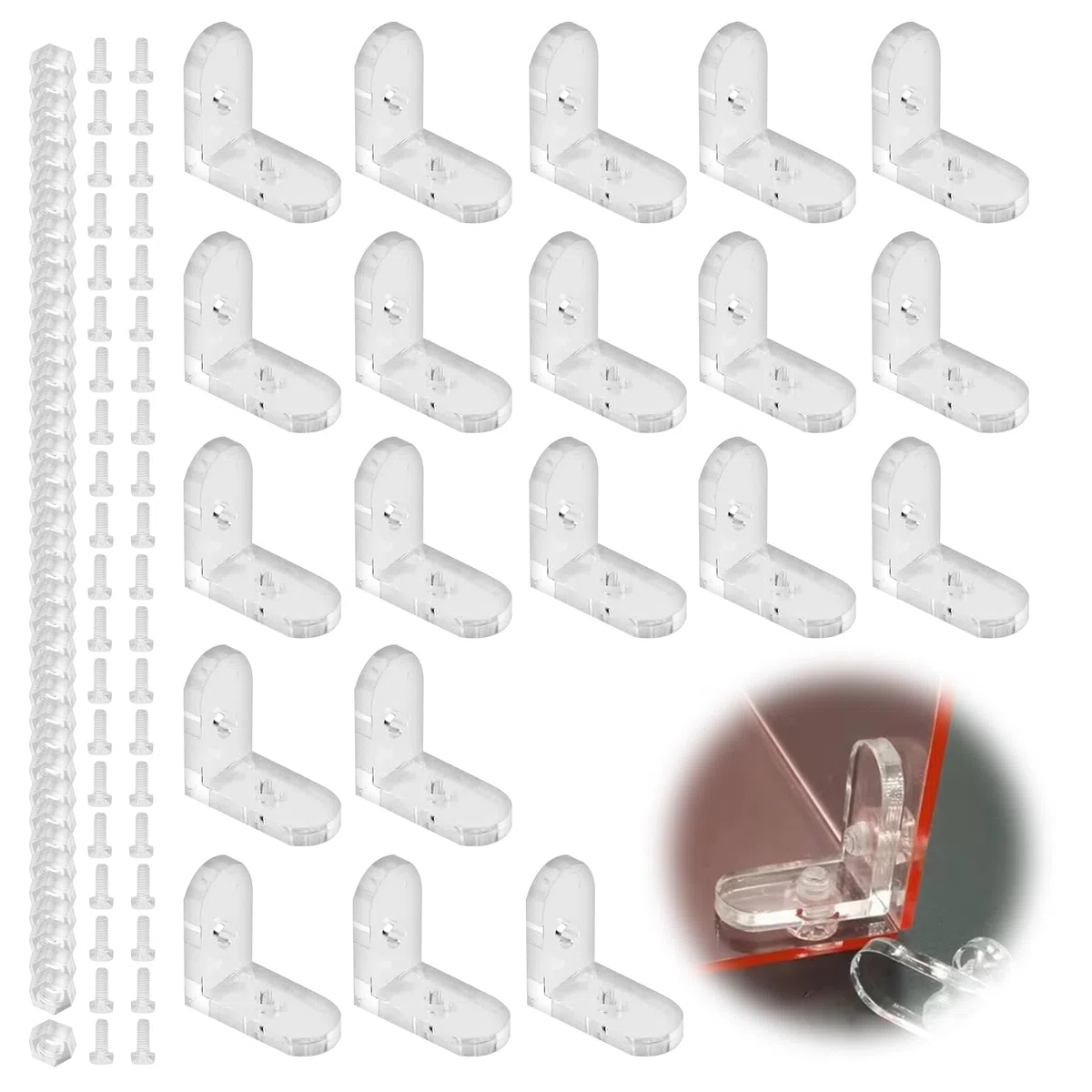 20Pcs L-staffa Angolare, Squadrette Angolari, Angolari in Plastica, Angolo Brace Staffa, 90 Gradi, Dotato di Viti e Dadi, Acrilico, Trasparente