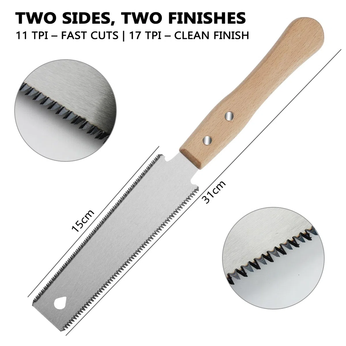 Sega A Trazione Doppia 11/17 TPI – Lama SK5 310mm Con Manico In Faggio –Kerf 1,1mm Per Taglio Fine E Basso Strappo–Durezza 50 HRC/60 HRC – Falegnameria, Giardinaggio, Edilizia, Fai-da-te