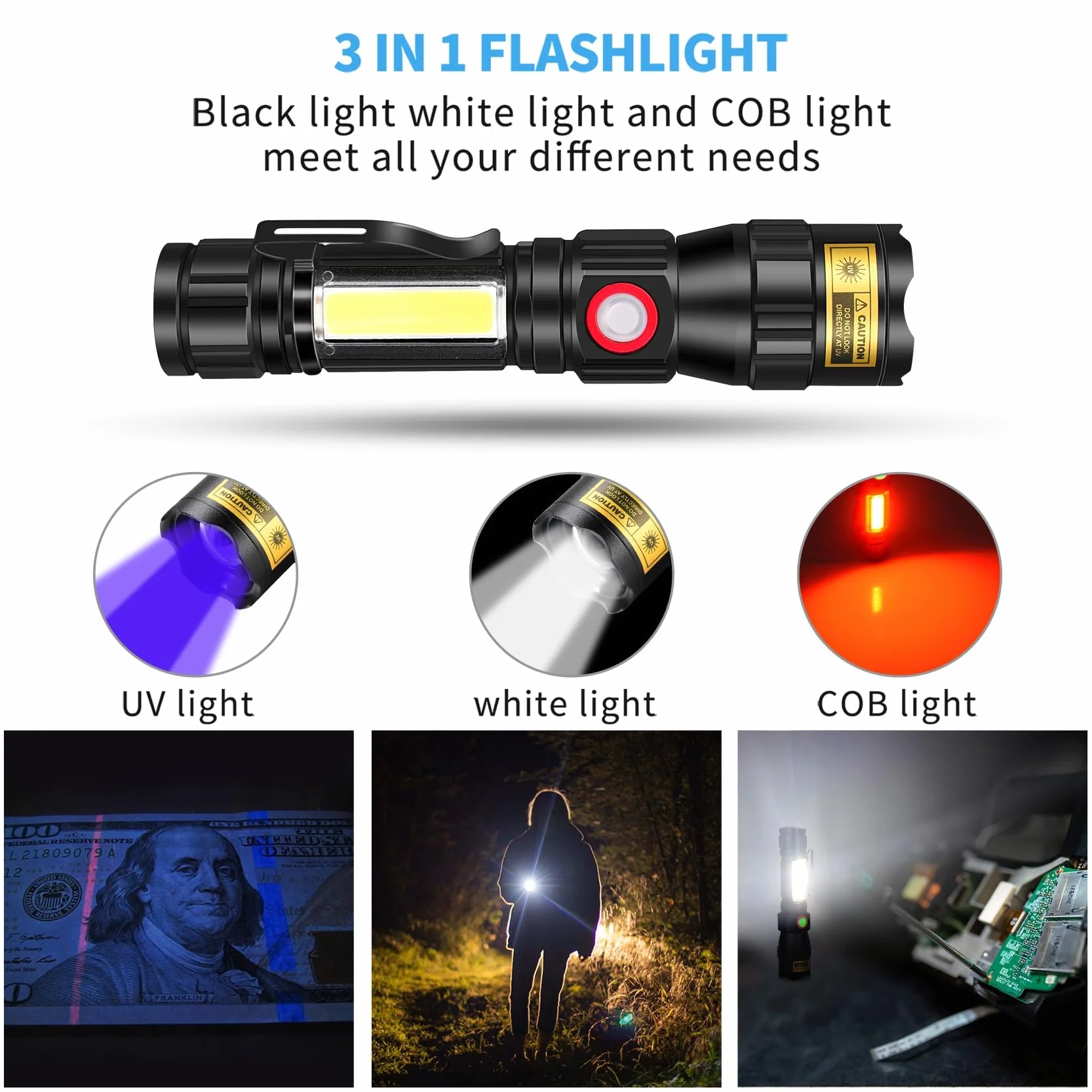 DARKBEAM 365nm UV Torcia elettrica a luce nera LED, 3-in-1 torcia ultravioletta USB-C ricaricabile, luce nera flash potente messa a fuoco per Pet Urine & Rock Detection, polimerizzazione resina