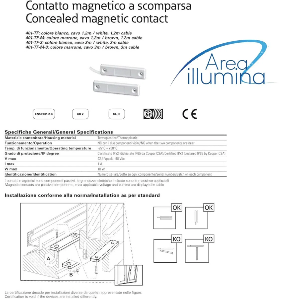 Contatto Magnetico a Scomparsa per Porte e Finestre, Bianco o Marrone, Termoplastico, 53mm, Cavo 1,2m (Marrone)