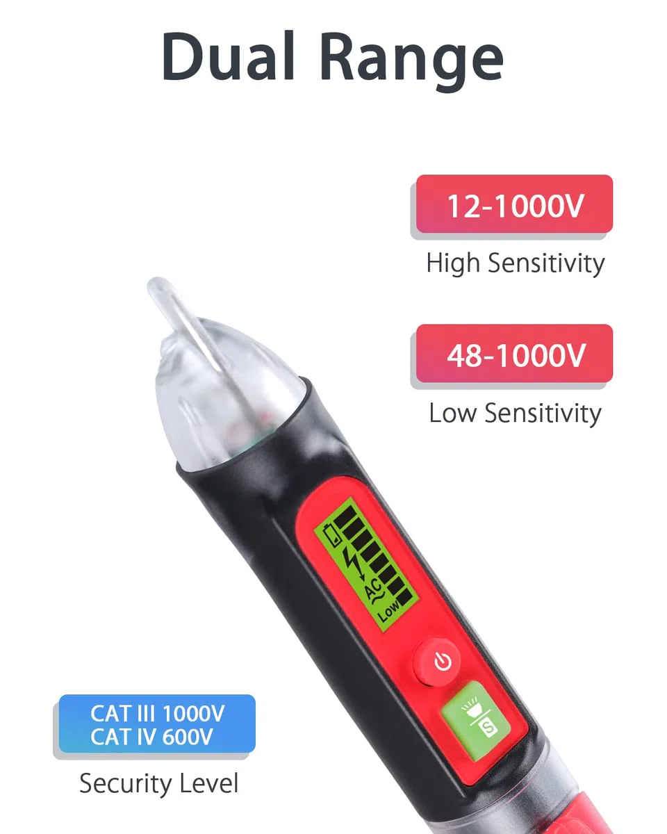 Wintact Rilevatore Tensione Penna,Rilevatore di Tensione a Doppia Sensibilità 12V/48V-1000V, Live/Null filo Breakpoint Tester con torcia elettrica, LCD lampeggiante allarme cicalino acustico