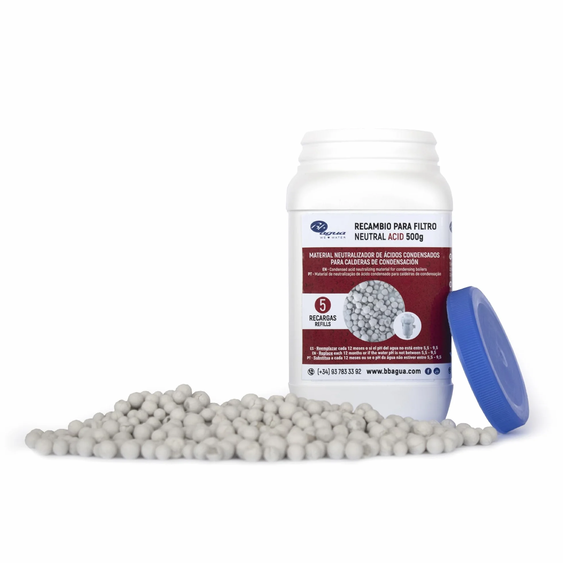 Materiale Neutralizzatore di Acido Condensato per Caldaia a Condensazione. Ricambio per filtro neutro acido della marca Bbagua. Confezione da 500 grammi. Bbagua.