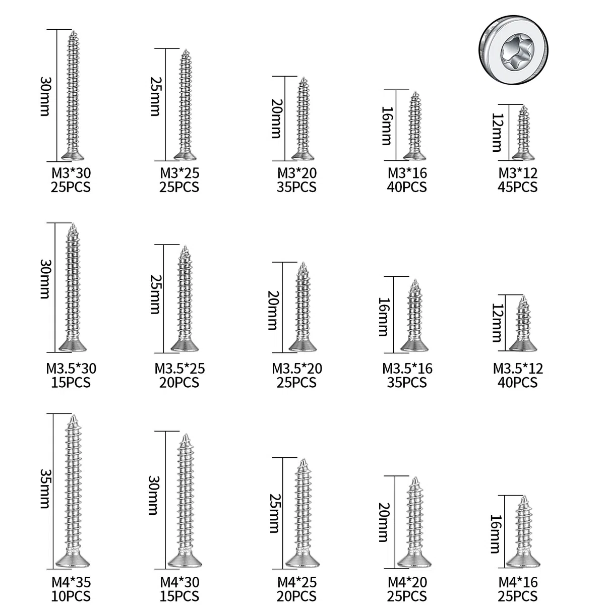 400 Pezzi Viti Autofilettanti, Viti Autoperforanti Torx a Testa Svasata in Acciaio Inossidabile, Viti per Cartongesso Legno con Punte da Trapano - M3/M3.5/M4, 12mm/16mm/20mm/25mm/30mm/35mm (Argento)