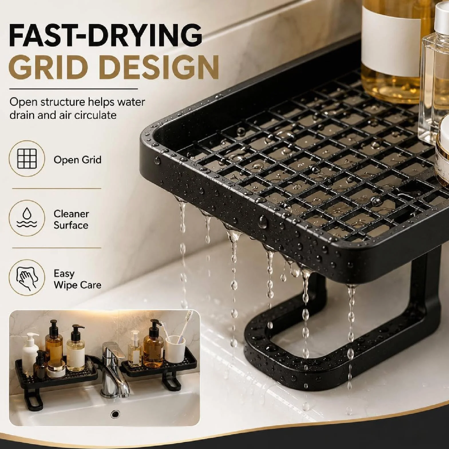 Dietro il rubinetto, organizer per lavello senza fori, organizer per lavello universale, rimovibile, a forma di U, per bagno, cucina, piano di lavoro (bianco)