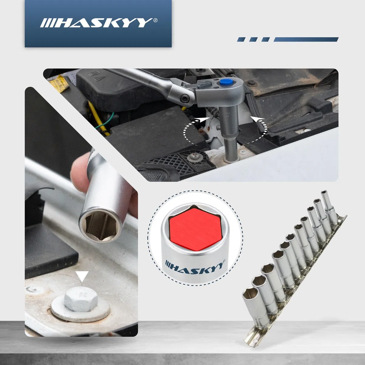 HASKYY Set di chiavi a bussola lunghe da 1/4", esagonali, 4 – 13 mm, set di dadi a 6 punti, Argento