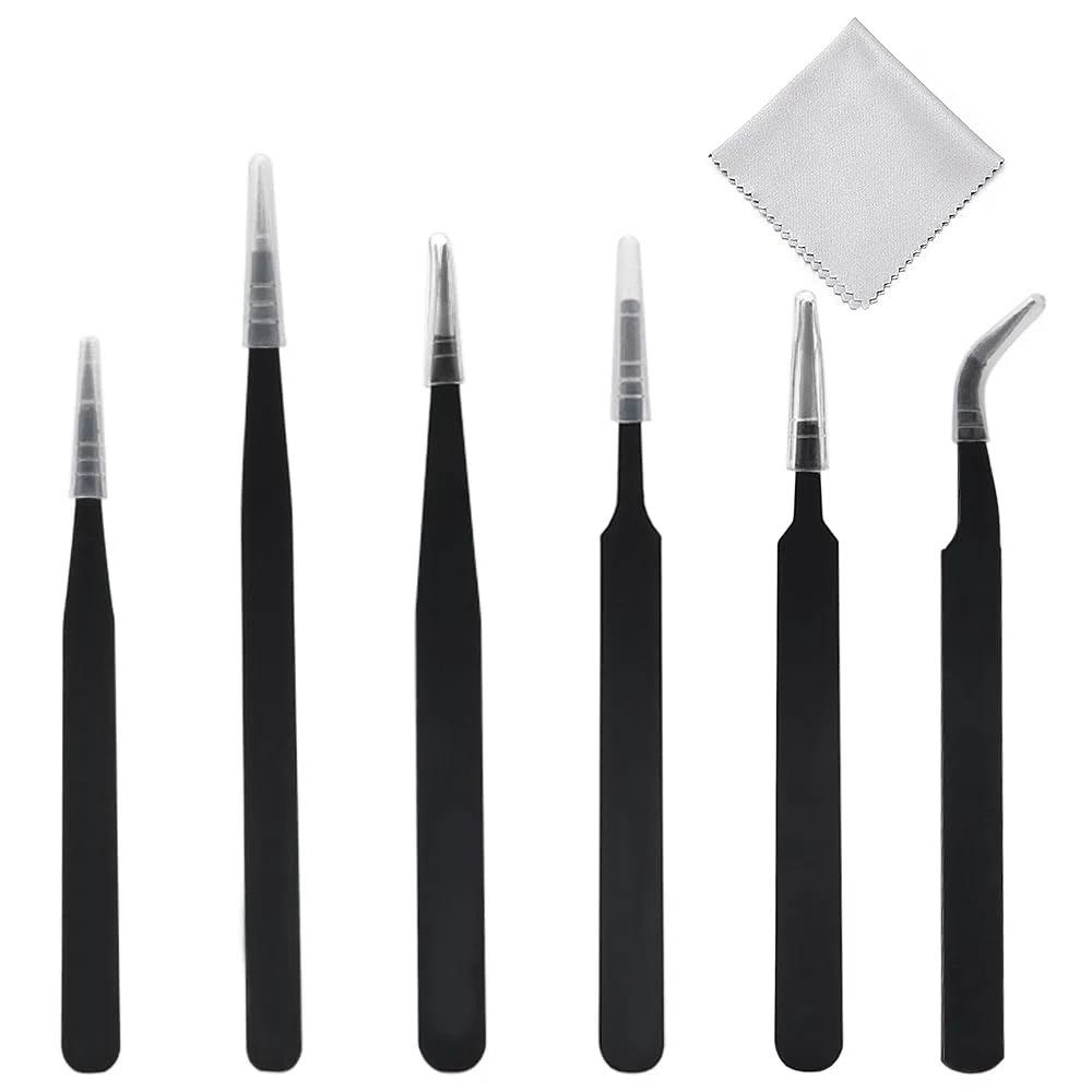 YIXISI 6 Pezzi Pinzette di Precisione ESD Kit, Pinzette Industriali Antistatiche in Acciaio Inossidabile, con Panni per La Pulizia, per Elettronica, Saldatura, Gioielli, Artigianato, Laboratorio