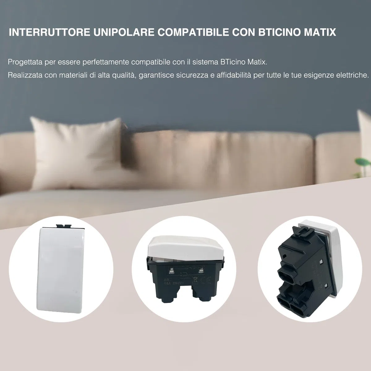 Set di 4 Interruttori Compatibili con bticino Matix, Interruttore Ideali per Frutti Elettrici e Compatibili con Bticino Matix Pulsanti (4 Interruttori Unipolari)