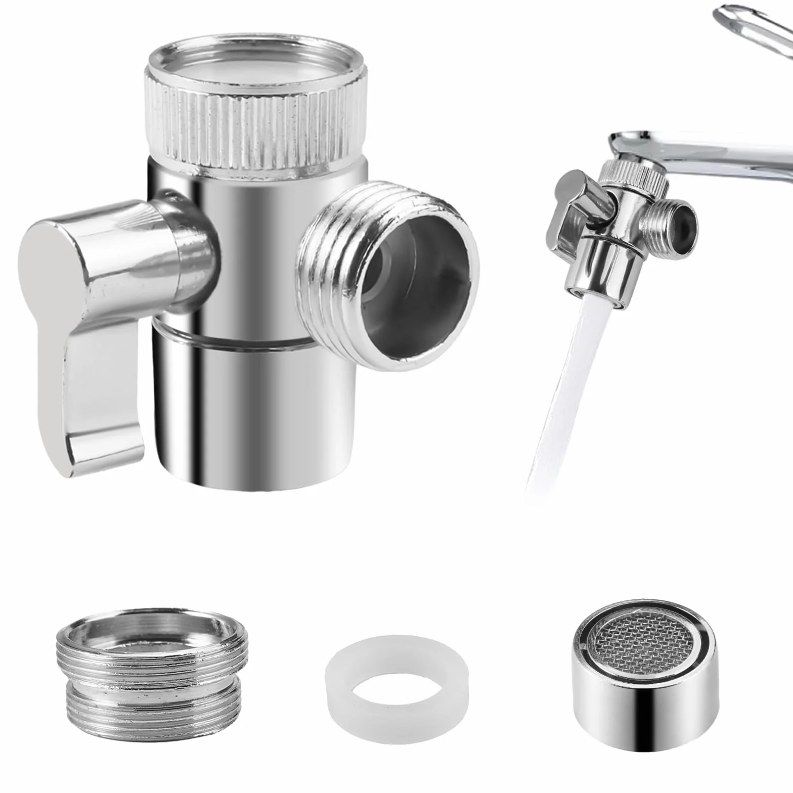 3 Vie Adattatore Rubinetto, Deviatore Doccia con Adattatore M22 a M24, Valvola Deviatrice Interruttore, Valvola Separatore Lega di Zinco, Ricambio per Rubinetto, per Lavandino Della Cucina o del Bagno