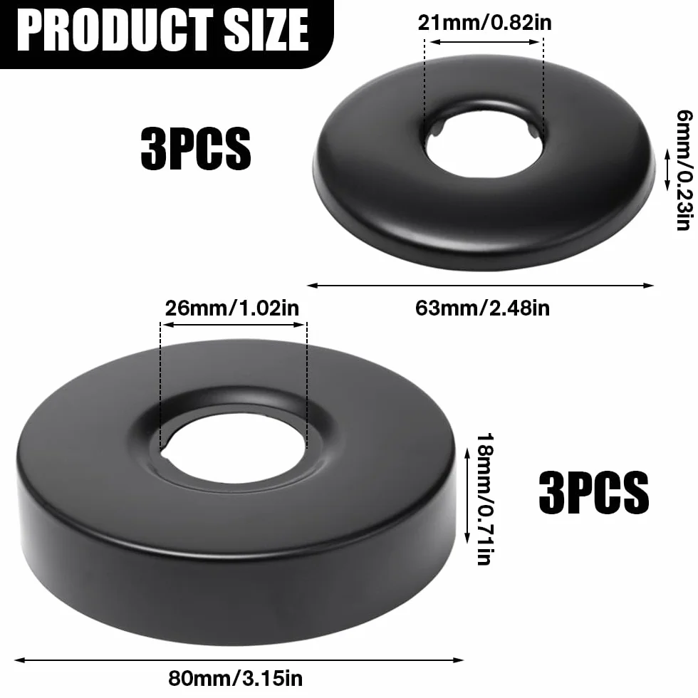 6 Pezzi Rosette Rubinetto Nero Ø21 mm/25 mm Rosetta Copritubo Doccia Acciaio Inox Copri Tubi Termosifoni Rosetta Copritubo Muro per Rubinetti Doccia, Rubinetti, Valvola Angolare(63x6, 80x18)