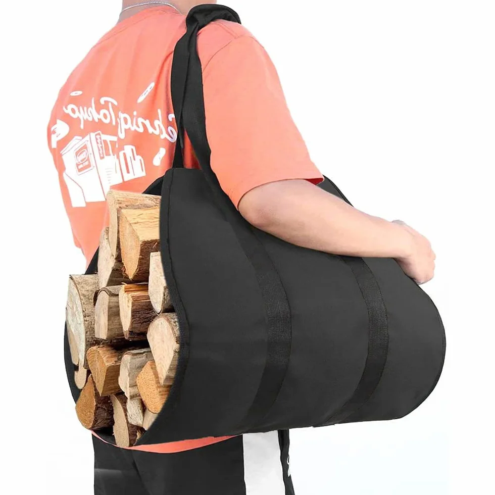 ZONSUSE Borsa per Legna da Ardere in Tela Impermeabile, Borsa Portatile per Legna, Sacca Pieghevole da Camino, Borsa porta Legna per Camino con Maniglie, per Stufe, Campeggio, Spiaggia (Nero)