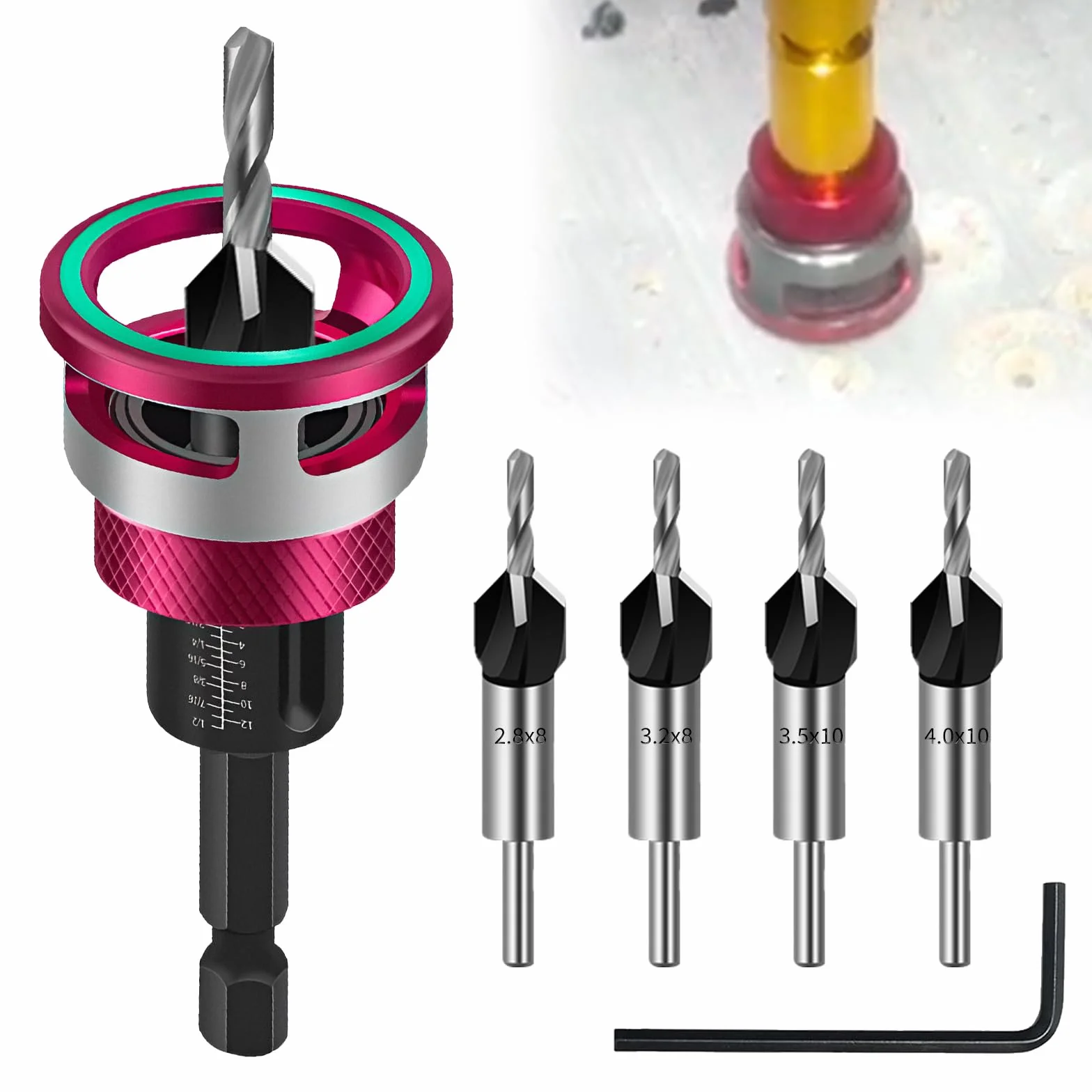 Set di 6 punte per svasatura conica, per legno con arresto di profondità, con attacco esagonale da 1/4", in HSS-M2, fori di precisione, per lavorazione del legno