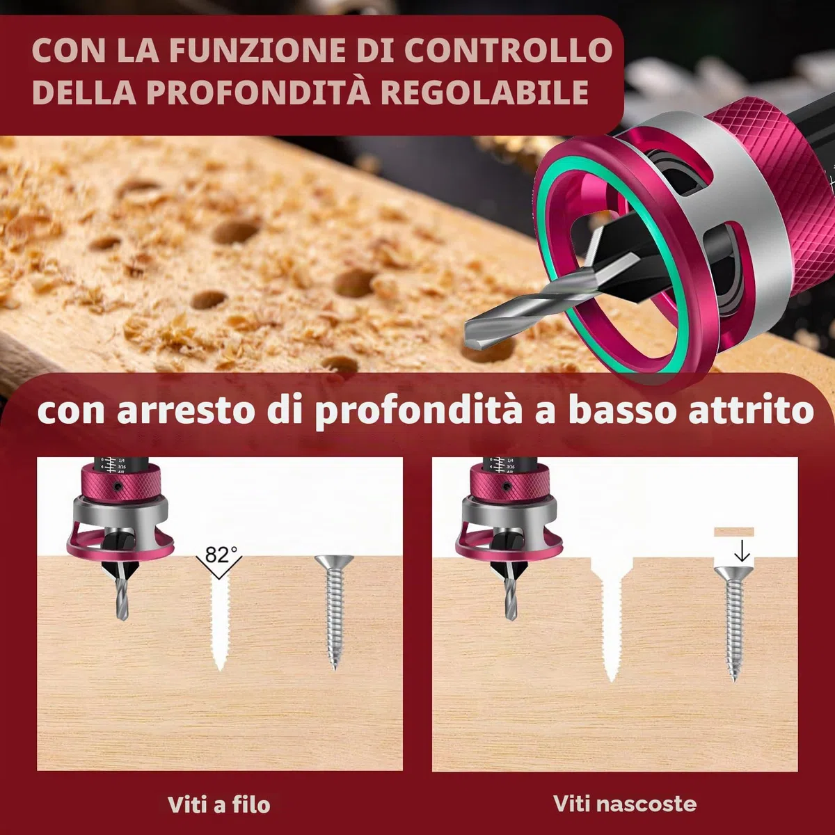 Set di 6 punte per svasatura conica, per legno con arresto di profondità, con attacco esagonale da 1/4", in HSS-M2, fori di precisione, per lavorazione del legno