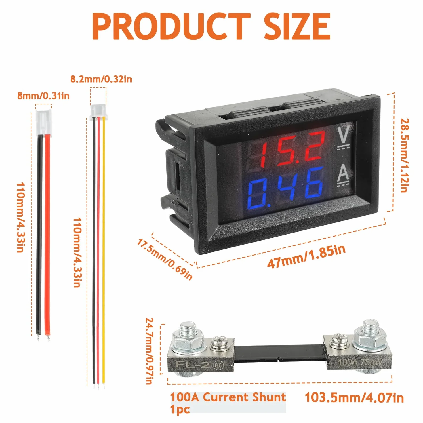 100A DC 0-100 V Amperometro digitale a LED da 0,28" Voltmetro con shunt, rivelatore rosso misuratore di corrente