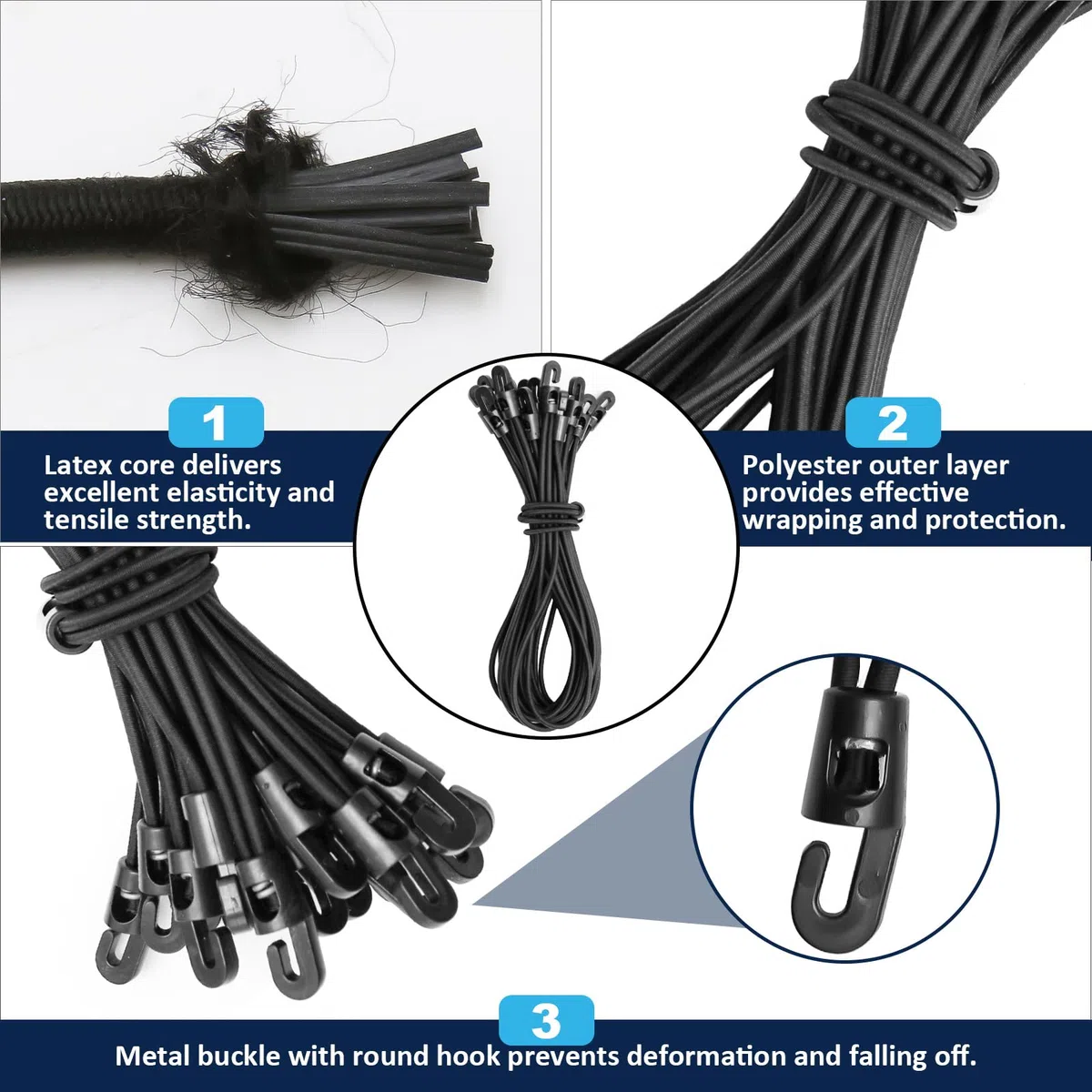 20 Corde Elastiche con Gancio, 25 cm Corda Elastica per Teloni + 20 Clips per Teloni, Elastici con Gancio – per Campeggio con Tenda, Ciclismo, Trasporto di Merci (Nero)